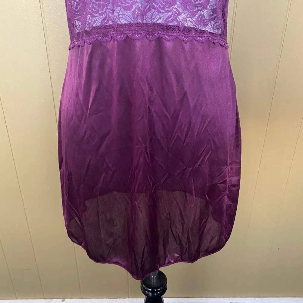 Women S adjustable spaghetti strap satin & lace lingerie nightgown purple